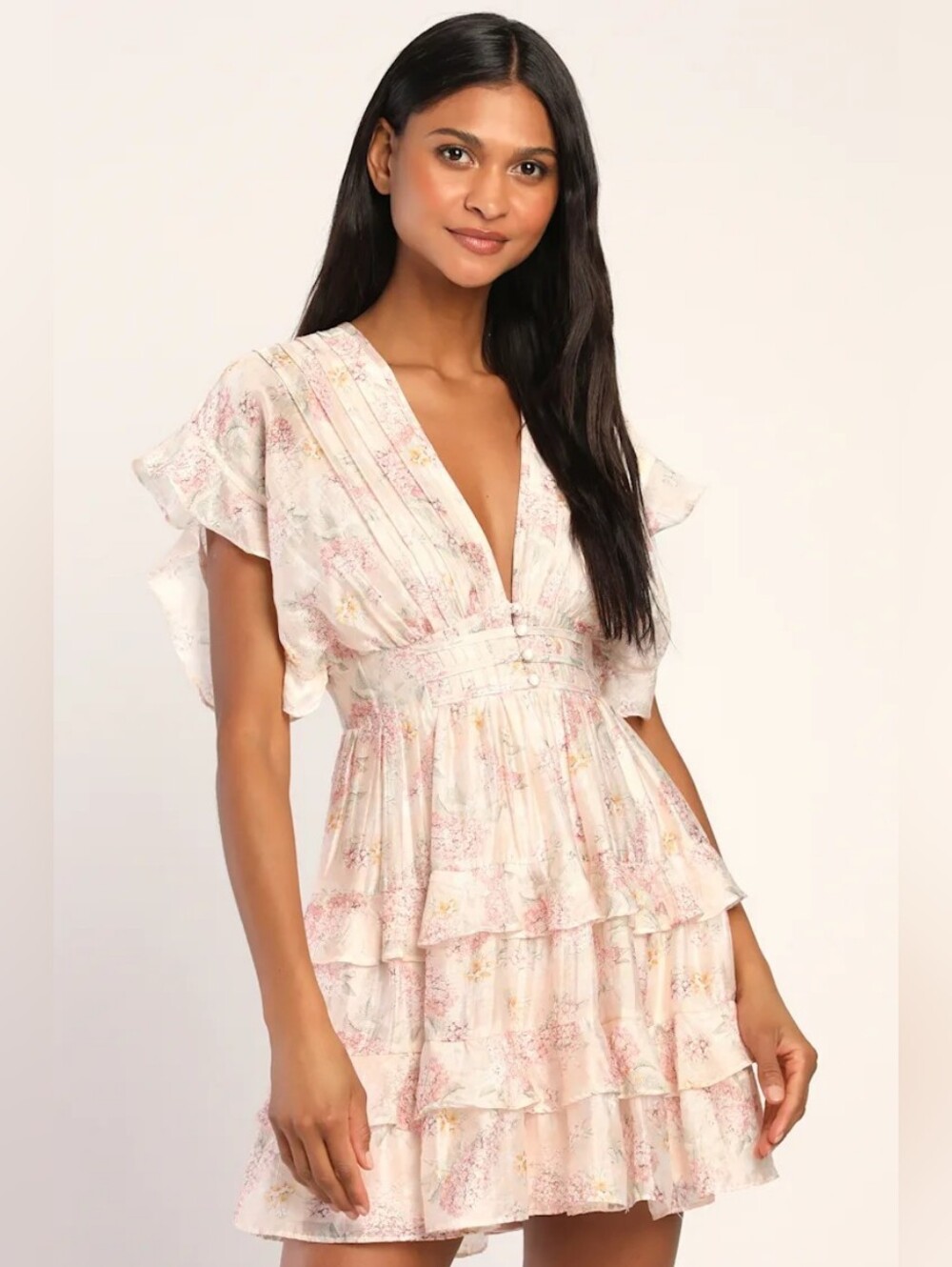 Lulus Easily in Love Blush Pink Floral Print Ruffled Tiered Mini Dress, Small